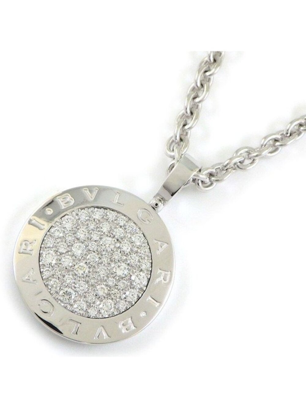 Bvlgari Necklace Round Circle Logo Pave Diamond 18k White Gold